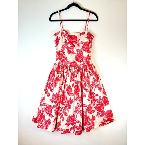 Tracy Michael Women Dress Coral Pink Midi Fit Flare Rose Garden Lined Cocktail 4 - Picture 1 of 7